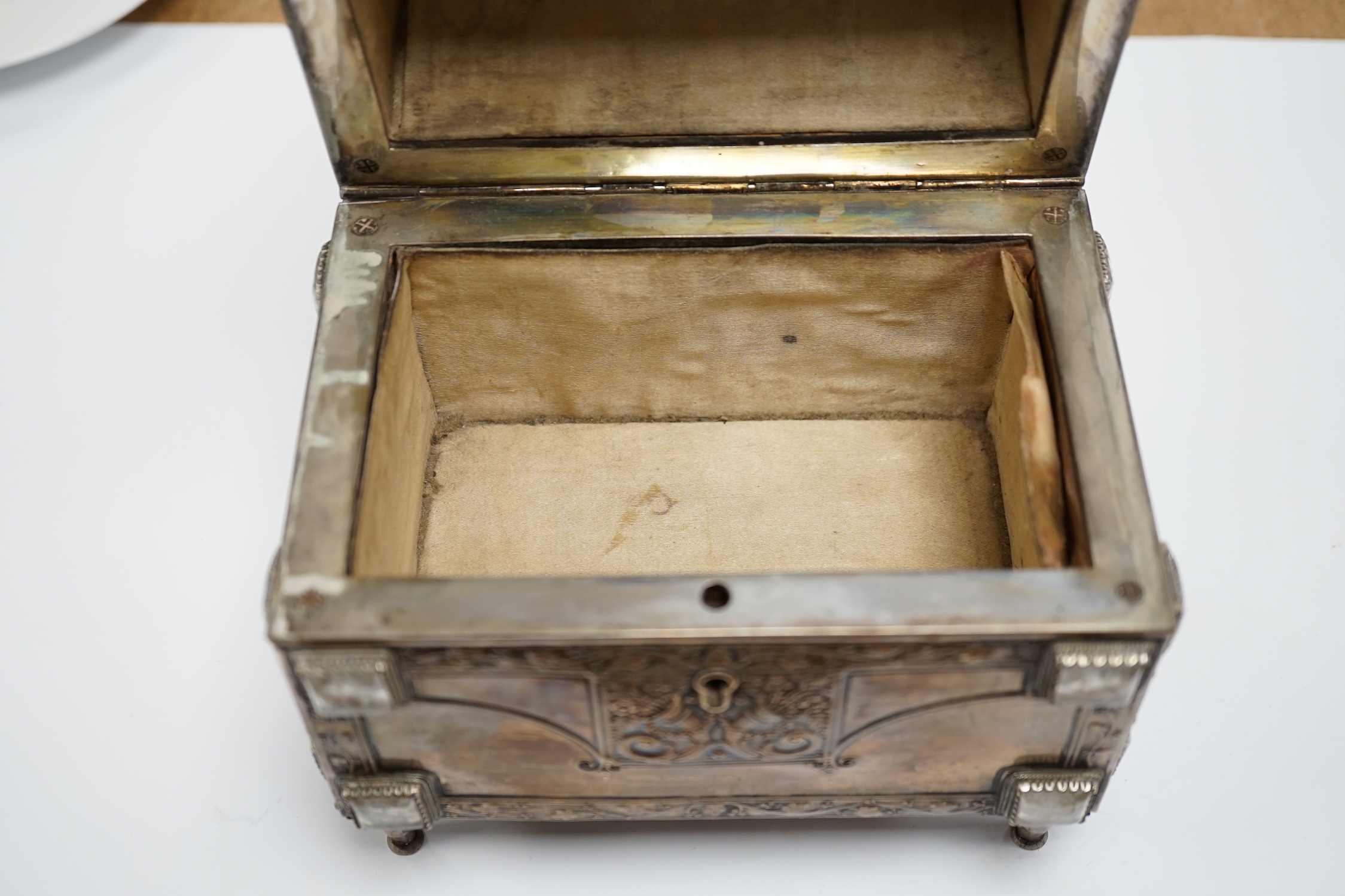 An early 20th century German 800 standard white metal and rock crystal? set trinket box, by Steinicken & Luhr, of house form, height 20.7cm.
